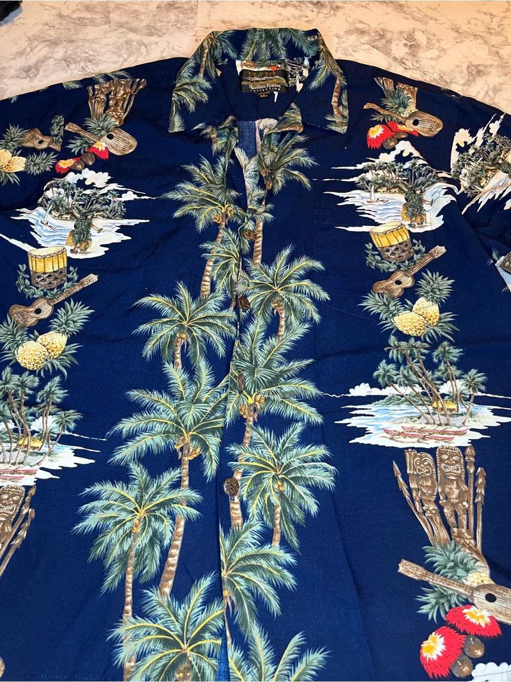 Tropical Palm Print Short-Sleeve authentic Hawaiian Shirt - Navy